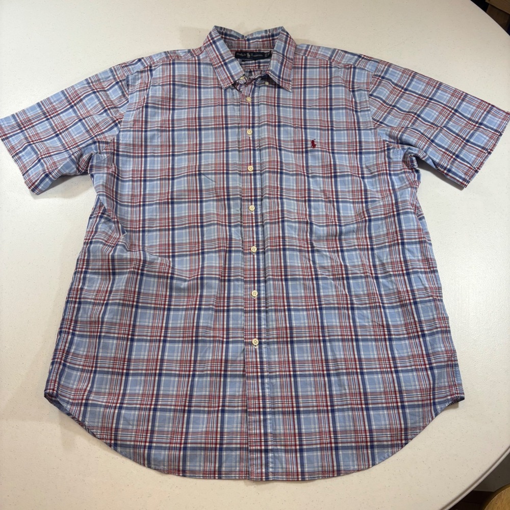 Ralph Lauren Classic Fit Plaid Shirt Mens XLT Tall Blue Red Short Sleeve Cotton